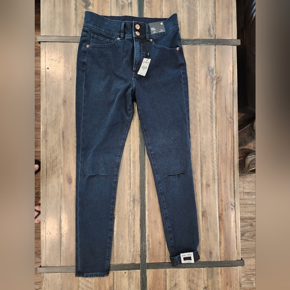 Express skinny high rise 4 way hyper stretch busted knee dark blue - Picture 2 of 4